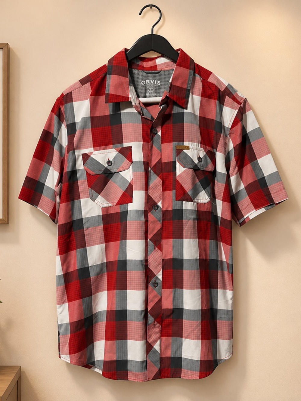 Orvis Red, Black and White Plaid Short-Sleeve Button-Down Shirt